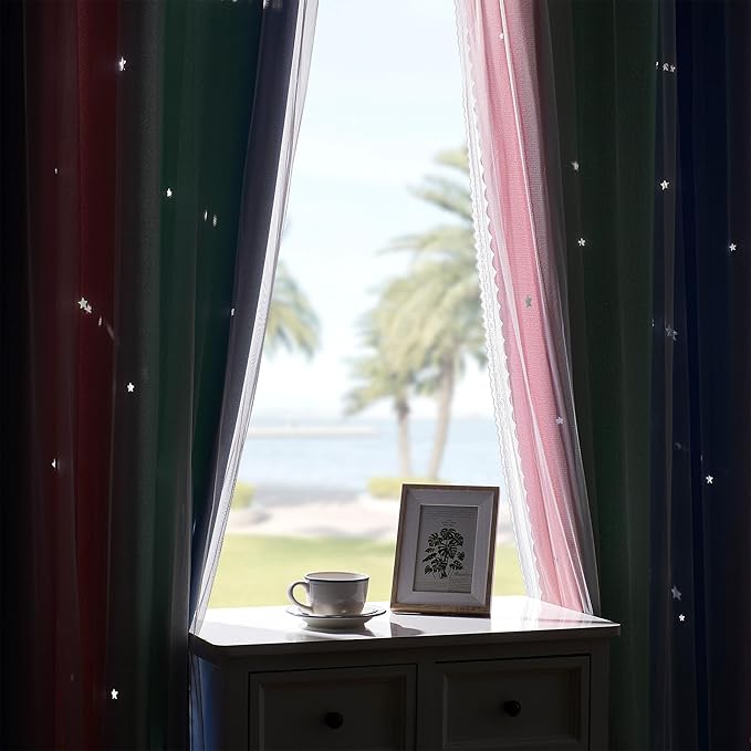 XiDi Pink & Rainbow Curtains for Kids & Girl Rooms - Blackout, Unicorn Wall Decals, Blue & Green, 34x84 Inch