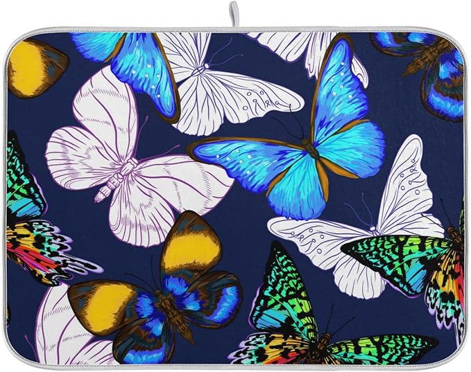 Absorbent Dish Drying Mat for Kitchen Counter - Blue Butterfly Microfiber Drying Pad, Reversible Drainer Mats for Countertop, Small 16" x 18"