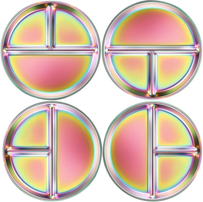Bakpoco Stainless Steel Kids Plates 4 Packs, 8" Divided Toddlers Portion Control Plate, Non Toxic & BPA Free |Unbreakable |Dishwasher Safe Baby Snack Dish for Daycare, Colorful Meal Time Chums