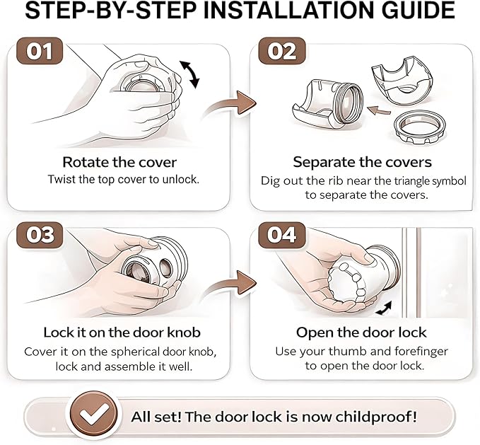 Child Proof Door Knob Covers (4 Pack), Dual-Lock Baby Safety Locks for Toddlers, Easy Install, Durable & Non-Toxic, Fits Standard Round Knobs