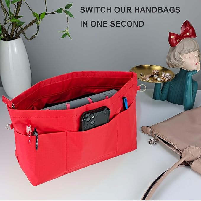 Time Wing Handbag Tote Purse Organizer Insert Bag Liner Shaper Divider Zipper 11 Pockets Compartments Medium Red
