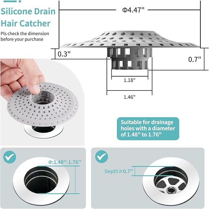 Aluvor Bathtub Drain Hair Catcher,Silicone Tub Hair Catcher Drain Protector,All-in-one Shower Hair Drain Catcher Strainer for 1.48'' to 1.76'' Regular Drains, 3PCS(Patent Pending)