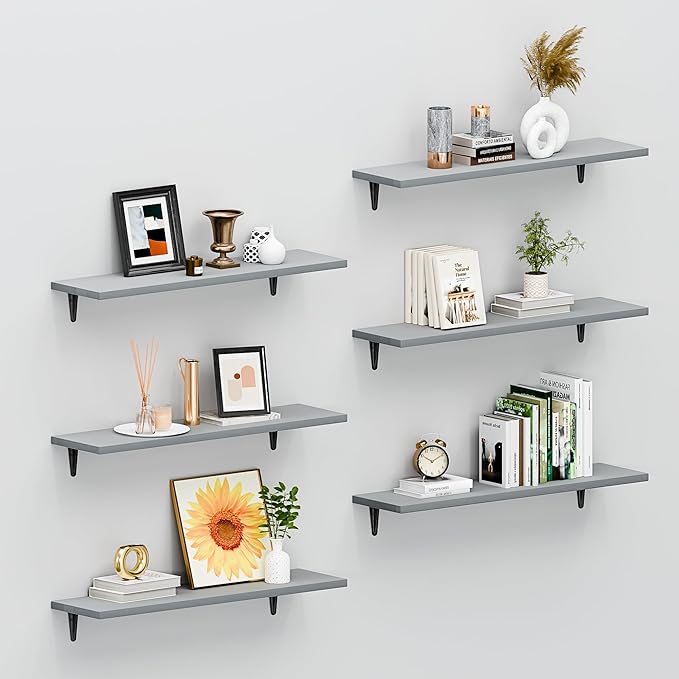 SKYSEN Floating Shelves for Wall Set of 6, 23.6in Wood Wall Shelf for Decor, Bathroom, Bedroom, Storage, Book,Kitchen, Living Room - Grey(fs-60-g)