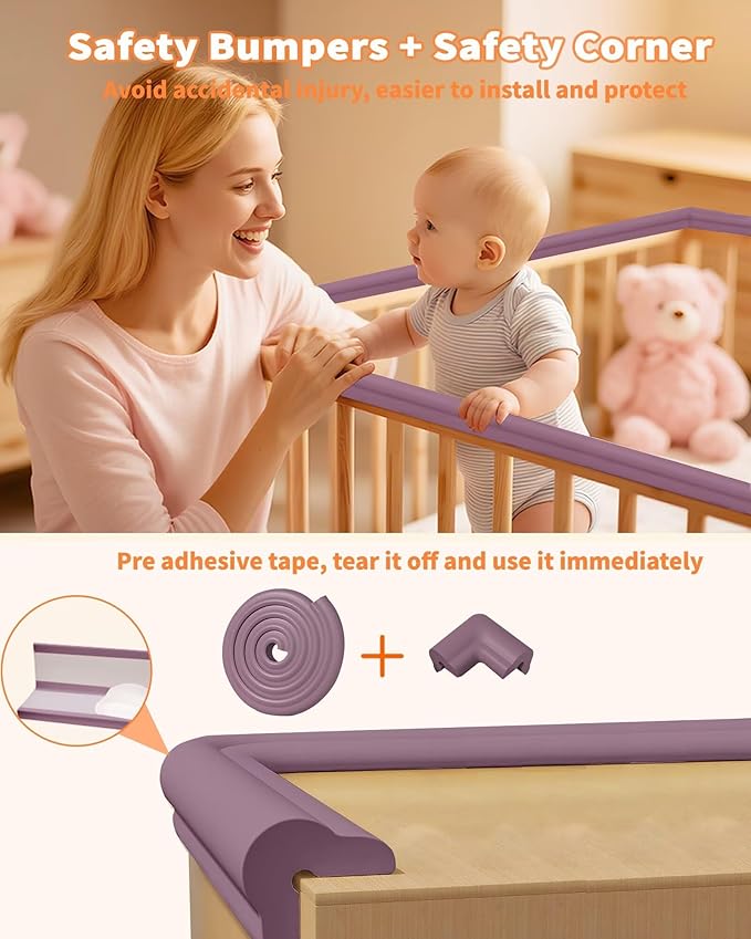 Edge Protector for Baby Proofing, 6.6FT 0.67’’Th L-Shape Air Buffering Soft NBR Rubber Foam Furniture Edge Bumper Guards with 6 Corners, Pre-Taped, Thick Table Bumper Guard for Babies (Purple)