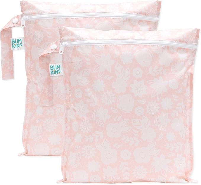 Bumkins - Waterproof Wet Bag - For Baby, Travel, Swim Suit, Cloth Diapers, Pump Parts, Pool, Gym, Toiletry, Strap to Stroller - Reusable & Easy to Clean - 2pk - Pink Lace