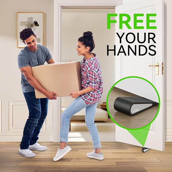 1 Pack Rubber Door Stopper Wedge - Black Non-Slip Soft TPR High-Elastic & Zinc Alloy Metal Material Door Stops for Bottom of Heavy Duty Door Wall Protector for Home & School with Self Adhesive Holder