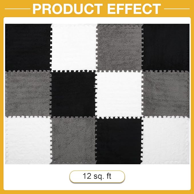 12 Pcs Plush Interlocking Carpet Tiles, Non-Toxic Foam Carpet Tiles for Toddler Baby, Anti-Slip, EVA Foam Interlocking Tiles for Floor, Nursery, Playroom, Grey White Black