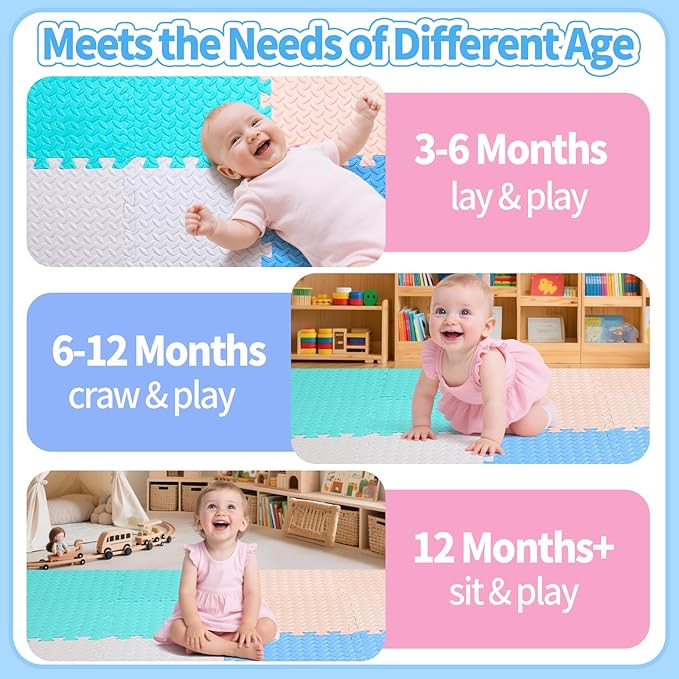 Coolcandy Baby Foam Play Mat 16Pcs with Edge Strips, 4 Colors Interlocking Floor Tiles, 0.4″ Thickened Non-Slip Puzzle Floor Mat for Infants Toddlers Playroom & Daycare