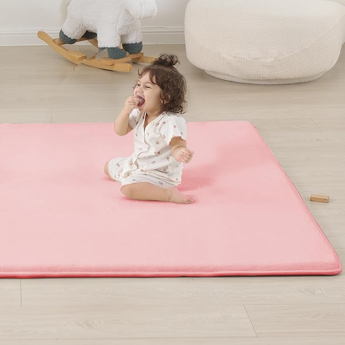 1.3" Thick Baby Play Mat for Floor, 79x79 Playpen Mat, Pro Soft Flannel Foam Mats Toddler Infant Kids Crawling for Nursery Rug Playroom Living Room Waterproof Easy Care Non-Slip (Pink)