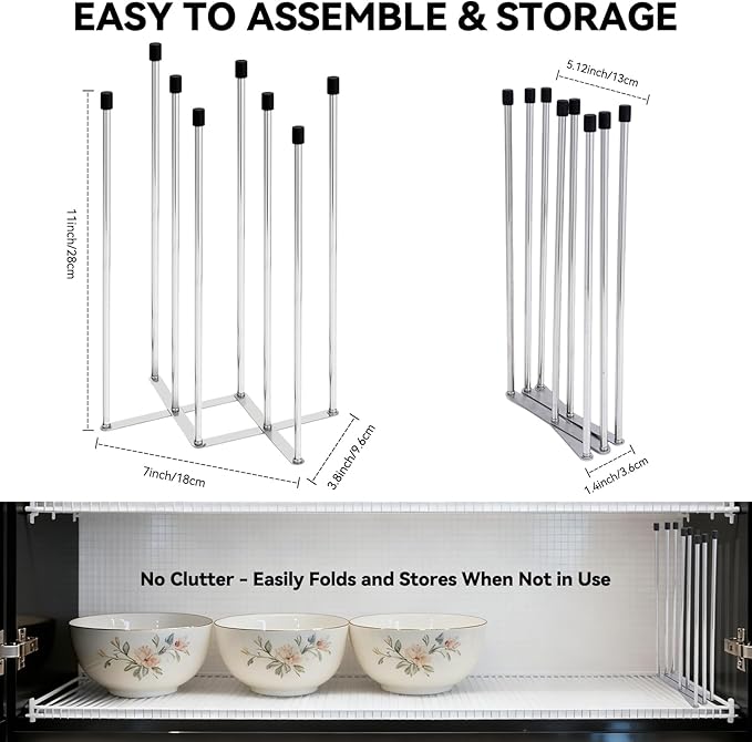 Foldable Baby Bottle Drying Rack – 8-Pole Collapsible Bottle Organizer, suitable for cups, silicone bags, and kitchen waste bags – Space-Saving Countertop Dryer for Home & Travel (Silver)