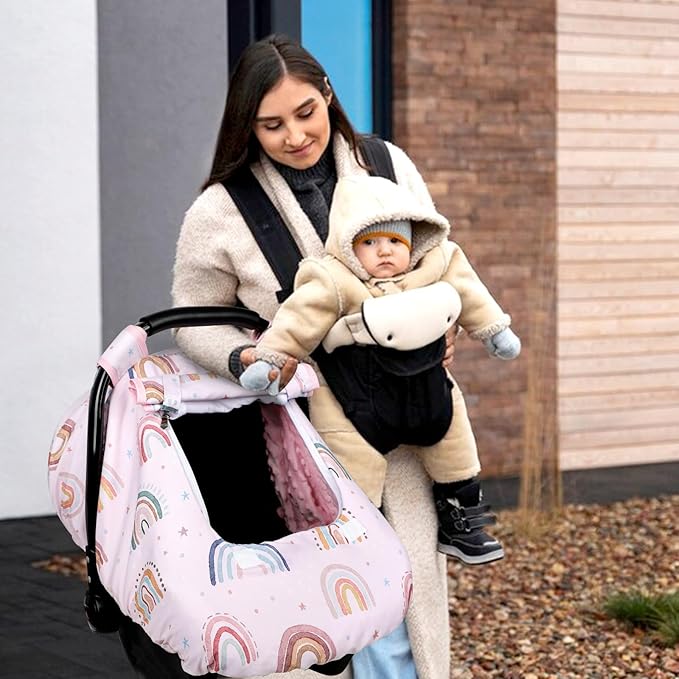 Car Seat Cover Baby Girl, Warm Winter Carseat Cover for Baby, Kick-Proof Infant Car Seat Cover with Peep Window, Windproof & Cozy, Pink Rainbow