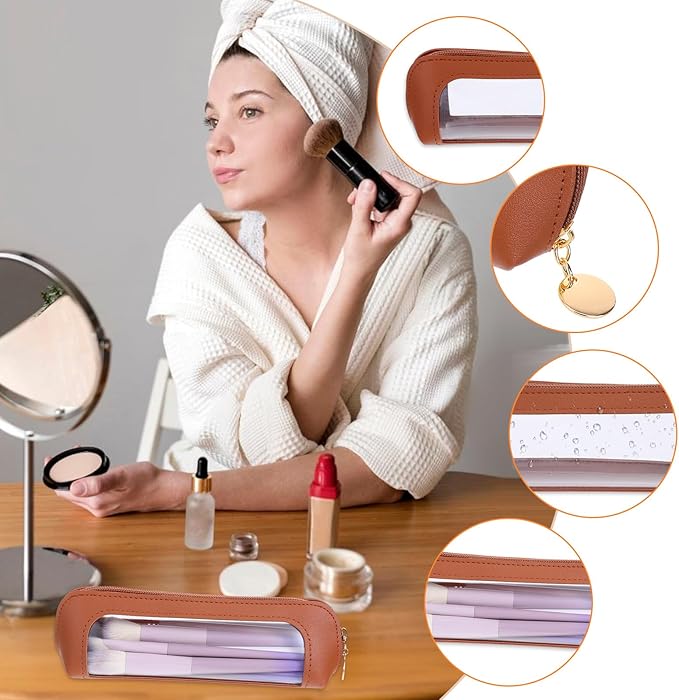 Small Clear Makeup Pouch, PU Leather Makeup Brush Bag Portable Travel Mini Cosmetic Bag Transparent Waterproof Organizer Pouch with Zipper for Women Home Travel Office Cosmetic Storage (Brown)
