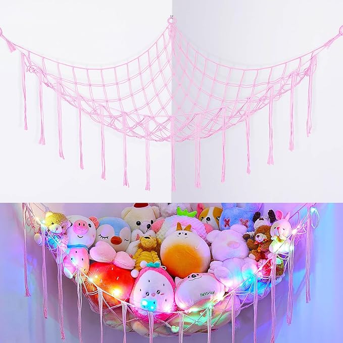 Basumee Stuffed Animals Net or Hammock with LED Light, Hanging Stuffed Animals Storage Toy Hammock Net Corner Wall Girls Room Decor Toy Storage Organizer, Pink, L