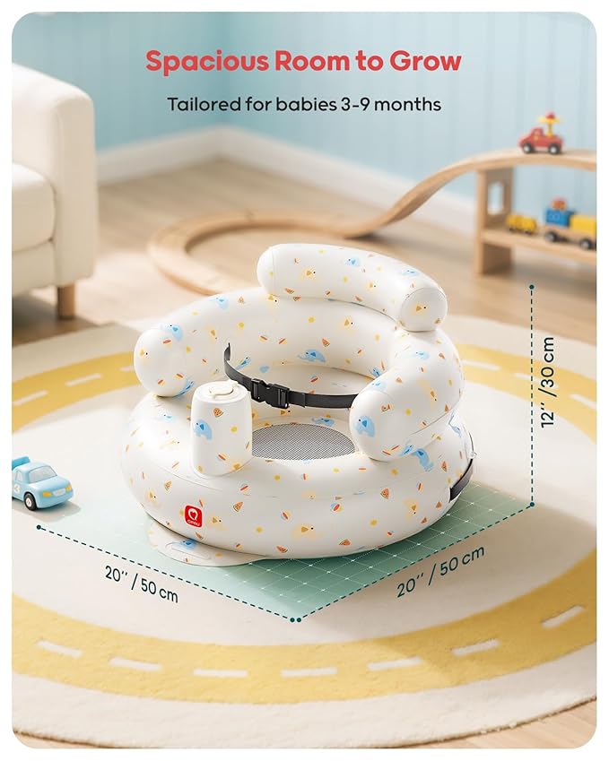 QPAU Inflatable Baby Seat with Safety Harness for Babies 3 Months & Up, Baby Floor Seats for Sitting Up, Baby Seats for Infants, Blow Up Baby Chair with Built in Air Pump (Elephant)