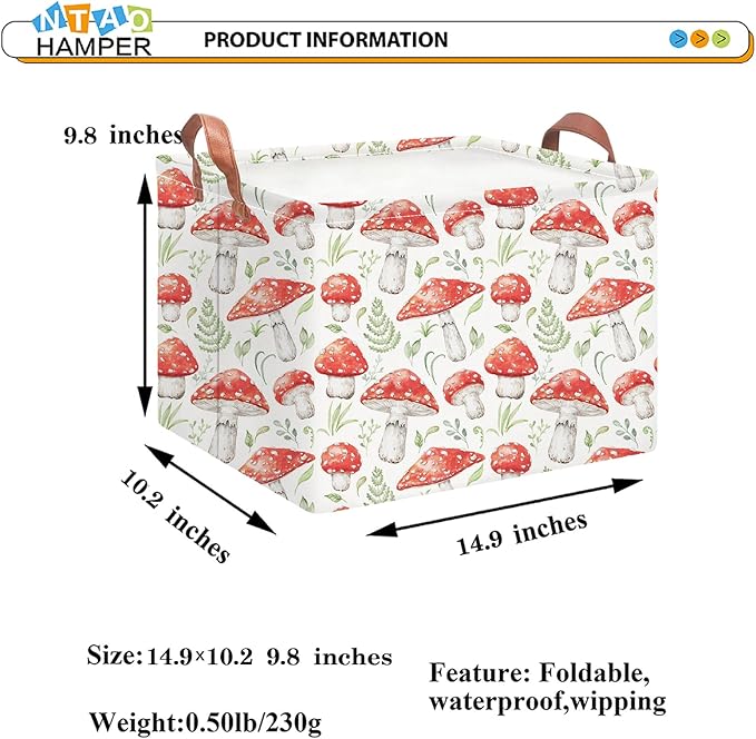 Rectangular Storage Basket Empty,Storage Bin with Handles,Room Decor,Gift Basket,Book Box(Watercolor Mushroom)