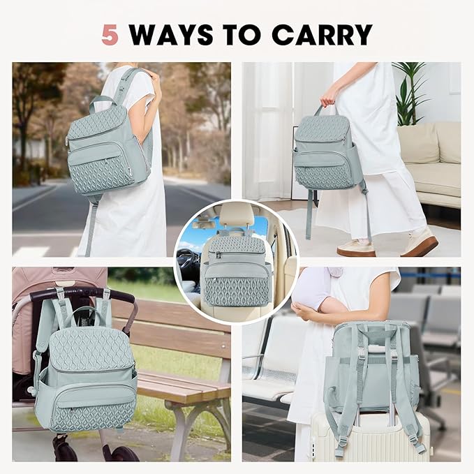 Baby Diaper Bag, Multi-Function Baby Bag for Mom Dad, Diaper Backpack with Changing Pad Stylish Pañaleras para Bebe Stroller Straps, Newborn Baby Essentials Must Haves for Women Grey Green