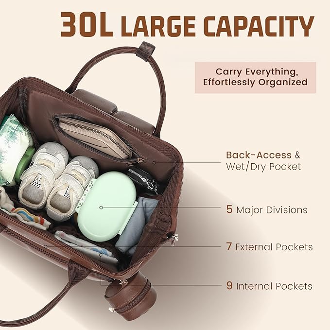 ROSEGIN Premium Vegan Leather Diaper Bag Backpack with Waterproof Changing Pad – Reinforced Stitching & Zippers, Baby Bag for Boy Girl, Stroller Straps, Fits 15.6" Laptop for Work Moms, Dark Brown