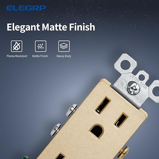 ELEGRP Matte Standard Decorator Electrical Wall Receptacle Outlet, 15A 125V, 2 Pole 3 Wire, Non Tamper Resistant, NEMA 5-15R, Self-Grounding, UL Listed (Champagne Gold, 1 Pack)