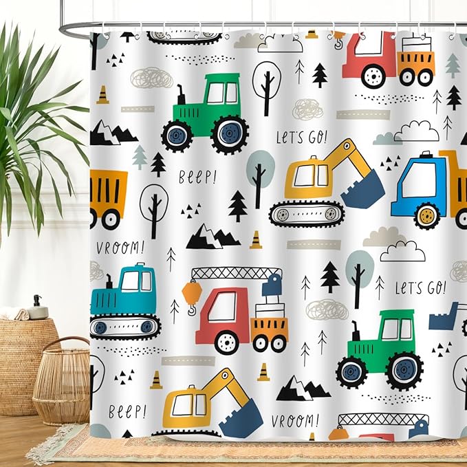 Colourful Construction Truck Shower Curtain Cartoon Excavator Vehicle Tractor Cars for Boys Kids Machinery Bathroom Decor Waterproof Fabric 72Lx72W Inch with Hooks