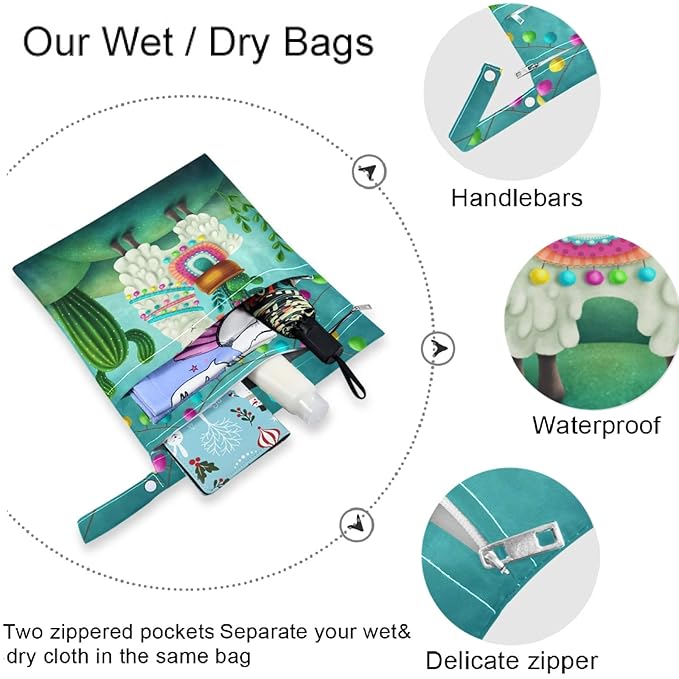 visesunny Cute Llama 2Pcs Wet Bag with 2 Zippered Pockets Snap Handle Washable Reusable Roomy for Travel,Beach,Pool,Daycare,Stroller,Diapers,Dirty Gym Clothes, Wet Swimsuits, Toiletrie