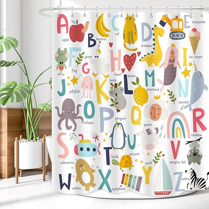 Alphabet Shower Curtain Kids ABC Educational Learning Tool Baby Cartoon Animals Girls Boys Colorful Bathroom Decor Waterproof Fabric 72Lx60W Inch with Hooks