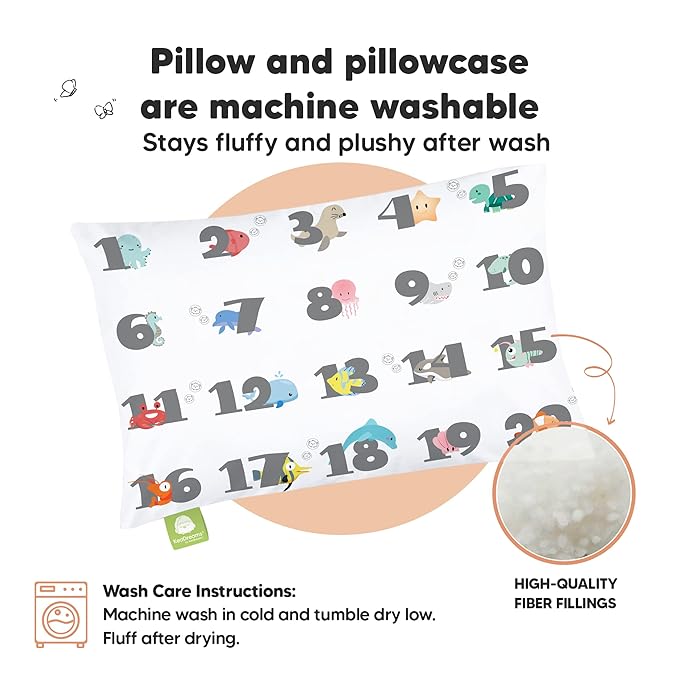 Toddler Pillow with Pillowcase - 13x18 My Little Dreamy Kids Travel Bed Pillows for Sleeping, Organic Cotton Small Pillowcase, Soft & Breathable, Machine Washable, Toddlers 2-5 years old (Kea123)