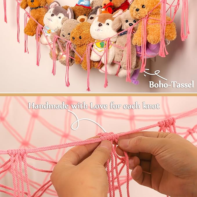 YKBU Stuffed Animals Hammock Corner Hanging Net with Tassel Macrame Stuffed Animal Storage Plush Toy Holder Toy Organizer for Boho Nursery Playroom Bedroom Kids Room (pink, large)