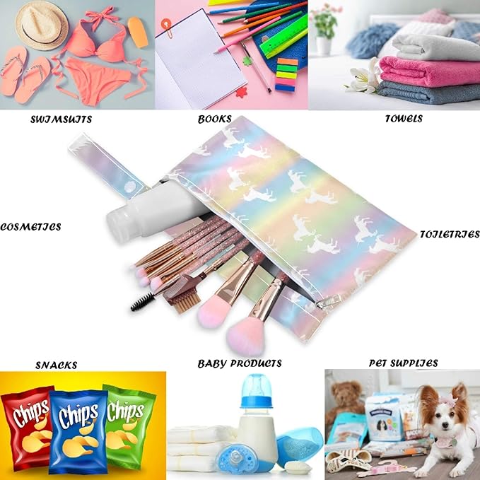 visesunny White Unicorn Colorful Rainbow 2Pcs Wet Bag with Zippered Pockets Washable Reusable Roomy for Travel,Beach,Pool,Daycare,Stroller,Diapers,Dirty Gym Clothes, Wet Swimsuits, Toiletries