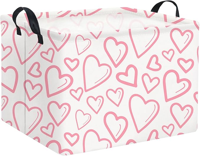 TIBAOLOVER Rectangular Valentines Basket for Home Kitchen Girls Cute Kids Storage Bin Organizer Shelf Book Room Decor(Pink Line Hearts)