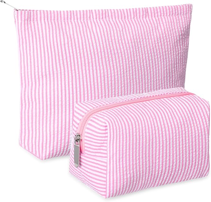 2 Pcs Makeup Bag Set Cute Cosmetic Pouch for Women Seersucker Travel Toiletry Bag Preppy Small Makeup Purse Pouch Aesthetic Skincare Brushes Storage Organizer for Valentine Women(Pink)