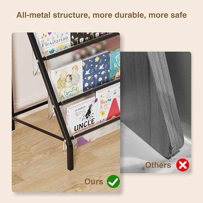 High-Transparent 4 Tier Kids Bookshelf, Sturdy Metal Large Size Book Rack Storage for Kids (Black)