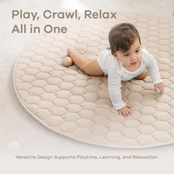 Comfy Cubs Round Kids Play Mat - Medium 48 inches Soft Quilted Baby Floor Mat with Non-Slip Bottom - Plush Design for Toddlers' Playtime - Comfortable and Durable - Sand