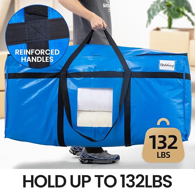 TAILI 69 Gallon Extra Large Storage Bags, XXL Blue Heavy Duty Moving Bags For Storage with Visible Window, Wrap Around Handles, Totes for Space Saving, Alternative to Moving Boxes