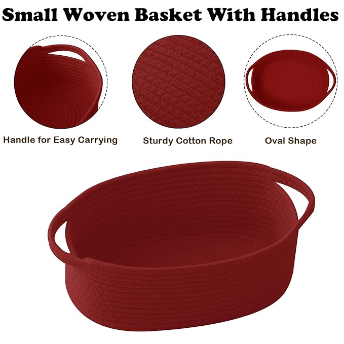 Small Woven Rope Basket-Empty Gifts Basket with Bag and Ribbons,Cute Handle Organizer Box for Birthday/Baby Shower, Toy Storage, Nursery Organizing & Shelf Decor(Red)