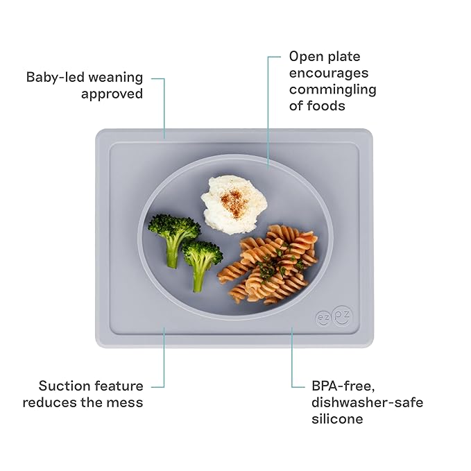 ezpz Tiny Plate (Pewter) - 6 Months+ - 100% Silicone Suction Placemat + Plate for Infants - Fits on Most Highchair Trays - Baby Led Weaning Supplies
