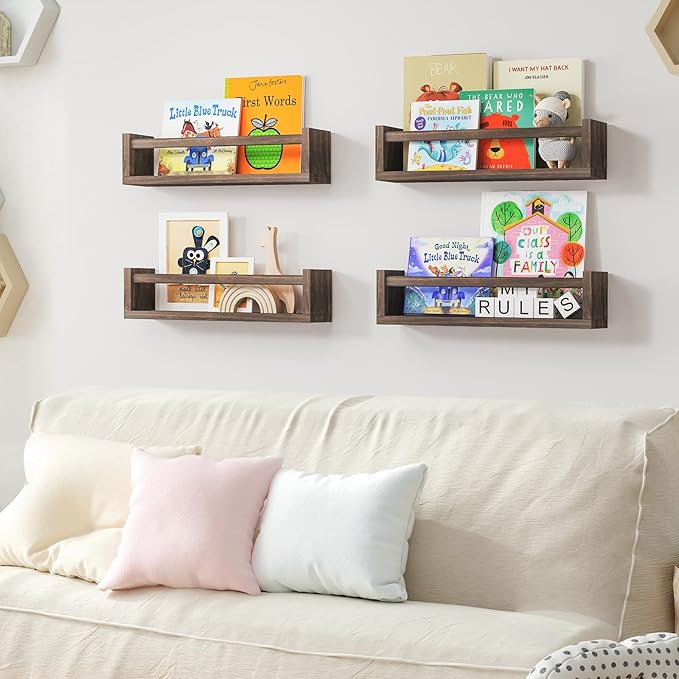 Fixwal Nursery Book Shelves, 16.5 Inch Floating Bookshelves for Nursery and Playroom Decor, Set of 4, Solid Wood Wall Mounted Shelves for Books and Toys Storage (Brown)