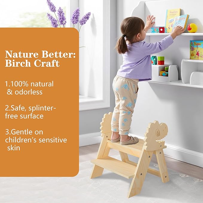 TinyHaven Wooden Toddler Step Stool, 2-Step Foldable Stool for Kids with Non-Slip Surface, Baby Bathroom Stool for Potty Training, Bathroom Sink, Kitchen Counter with Cute Dinosaur Design, Natural