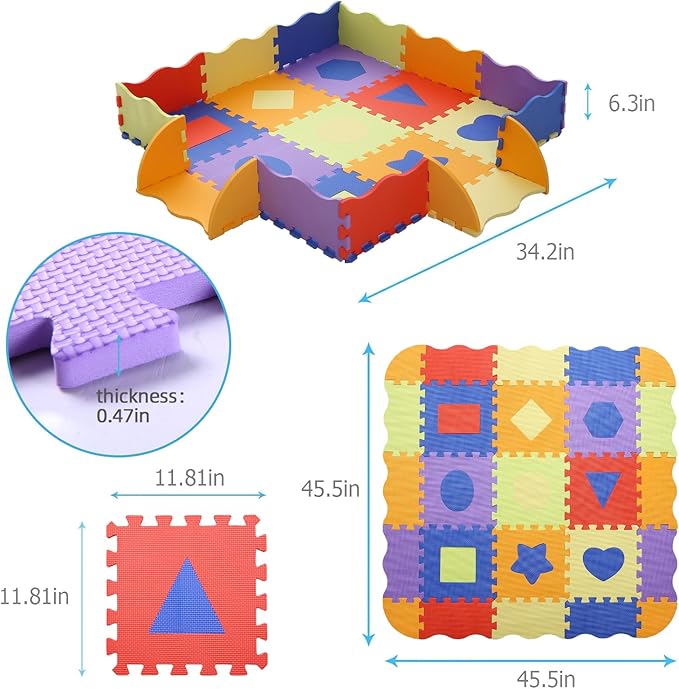 Tamiplay Foam Play Mat for Kids，25Pcs Square Interlocking Puzzle Floor Mat，Baby Play Mat Floor Mat Foam Puzzle Playmat for Toddlers with Fence（Shape-CSH028