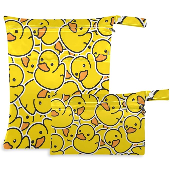 visesunny Cute Yellow Duck Cartoon Animal 2Pcs Wet Bag with Zippered Pockets Washable Reusable Roomy for Travel,Beach,Pool,Daycare,Stroller,Diapers,Dirty Gym Clothes, Wet Swimsuits, Toiletries