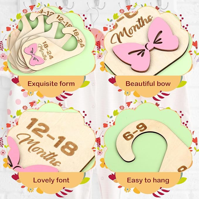 Bnesi Wooden Closet Dividers Wooden Bow Dividers for Closet Set of 7 Double-Sided Newborn Clothes Size Hanger Dividers from Newborn to 24 Months Pink Nursery Decor (Cute)