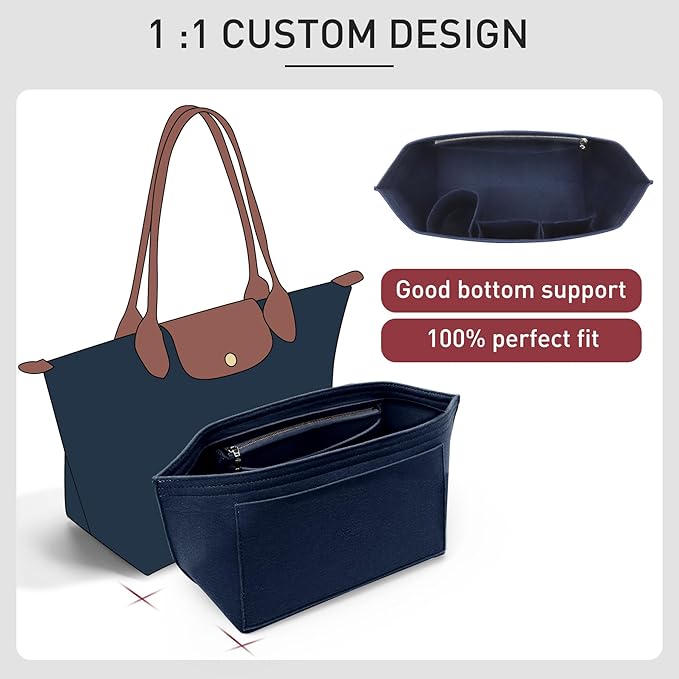 Felt Purse Organizer Insert Compatible with Longchamp Le Pliage M Tote Bag(Long Handle), Zipper Long Champ Medium Organizer with Cup Holder for Tote Handbags, 8 Compartments (Blue,M)