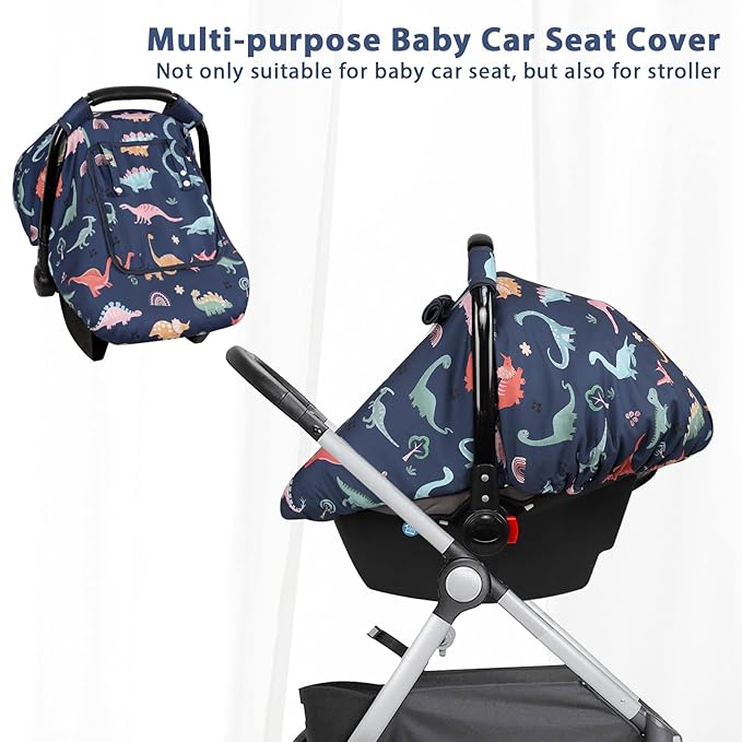 Car Seat Cover Baby, Anti-Kick Carseat Covers Baby Boy, Warm Minky Infant Car Seat Canopy with Breathable Mesh Window, Multi-Use Cover Protecting Baby from Wind, Sun, Strangers, Blue Dinosaur