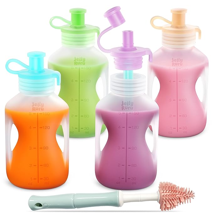 Silicone Reusable Baby Food Pouches with Straws, 8 Pack Leakproof Refillable Squeeze Pouches, Dishwasher, Freezer, Microwave Safe, 5OZ Baby Food Storage for Homemade Puree, Yogurt