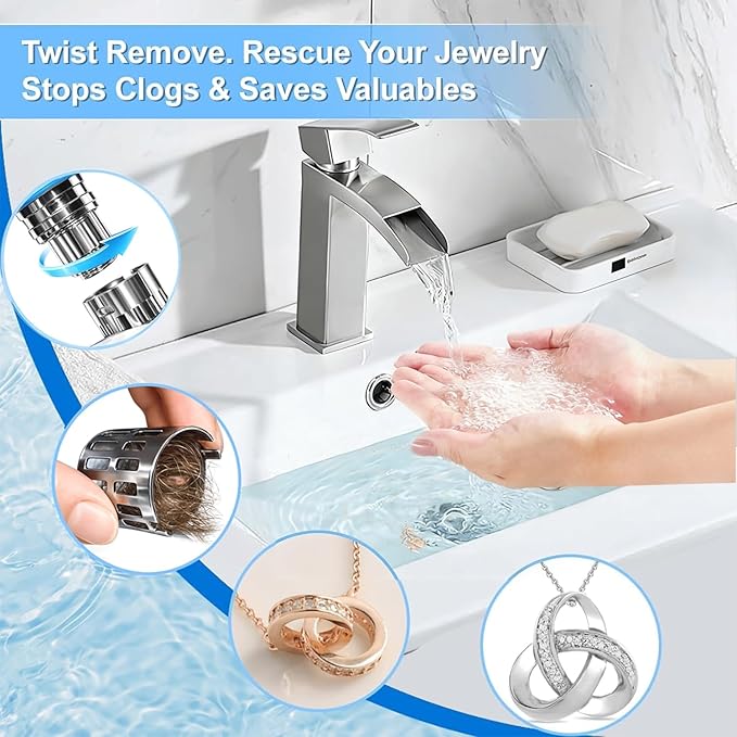 Bathroom Sink Stopper, Pop Up Drain for Bathroom Sink, Sink Plug Hair Catcher, Silent Popper Core with Removable Stainless Steel Filter Basket (Silver Polished, 1 Pack)