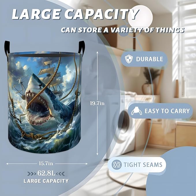 Fierce Shark Attack with Ship Laundry Basket with Handles, 19.7"x15.7" Clothes Foldable Laundry Hamper Organizer for Dorm Nursery Bedroom Bathroom Decor, Toy Storage Bin for Kids