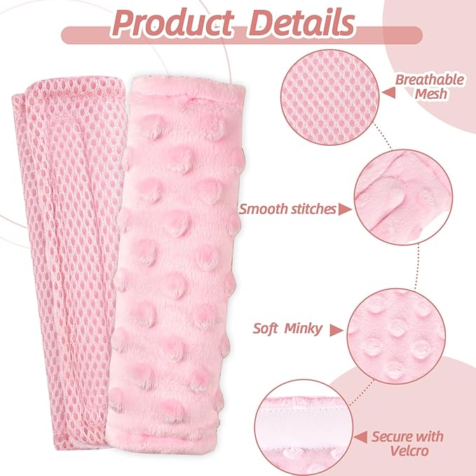 WINGHENLEE Baby Car Seat Strap Pads, Car Seat Strap Shoulder Covers for Baby Infant Toddler, Double-Sided Car Seat Belt Covers for Stroller/Pushchair/Baby Swing, Soft Flannel & Mesh, Pink