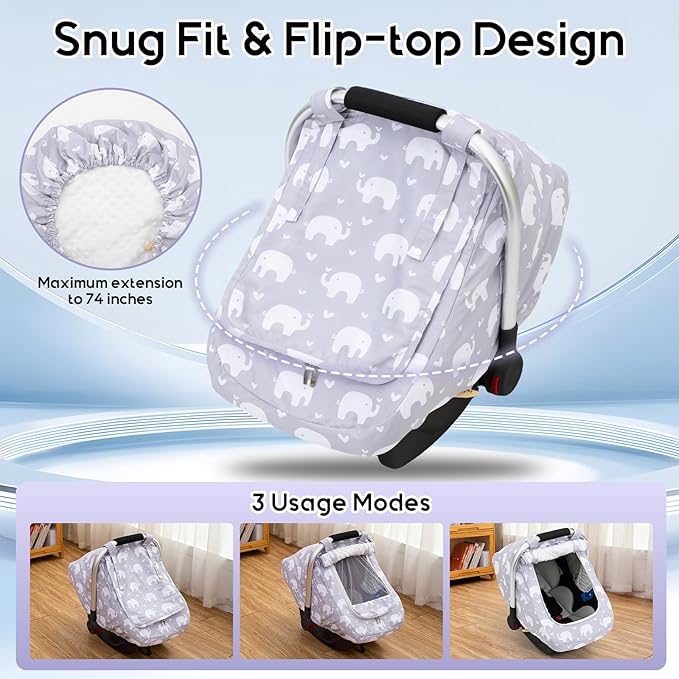 Baby Car Seat Cover, Mink Warm Infant Car Seat Cover for Girls Boys, Universal Carseat Cover with Mesh Peep Window & Sun Shade, Baby Carrier Canopy Cover for Winter Autumn