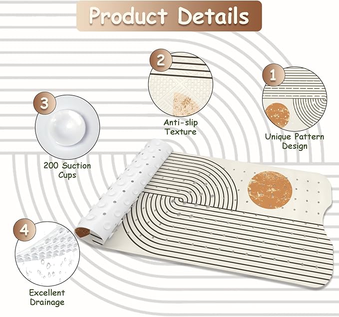 Non Slip Bathtub Mat, Bohemia Bath Mat for Tub, Extra Long Bathtub Mat Shower Mat with Suction Cups and Drain Holes for Elderly Kids Toddler Baby 40 X 16 Inch