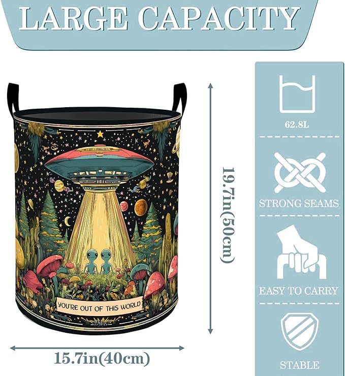 VODRM Alien Ufo Mushroom Star Galaxy Laundry Basket, Dirty Collapsible Clothes Toy Organizer Hamper for Kids Adults, Oxford Cloth Waterproof Storage Bin for Bathroom Home Decor Gifts, 19.7"X15.7"