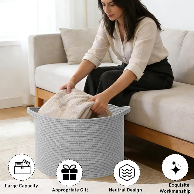 90L Large Blanket Basket,21.7"L x 21.7"W x 13.8"H Rope Woven Baskets with Handles, Toys Storage Bins,Laundry Basket Perfect for Living Room, Nursery,Bedroom,Home Organization,Light Gry